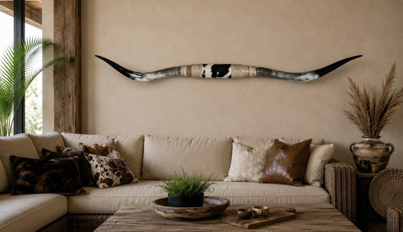 MOUNTED STEER HORNS About 6 feet wide LONGHORN POLISHED MOUNT BULL COW B133