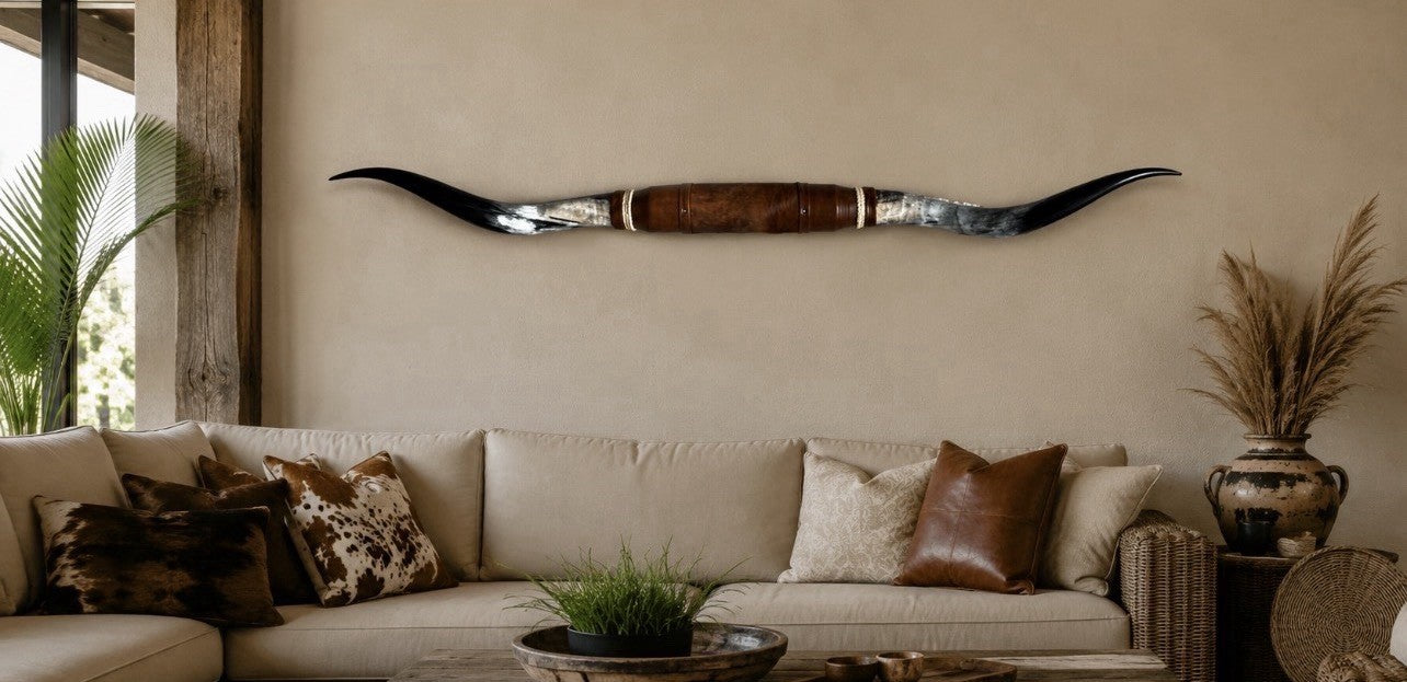 MOUNTED STEER HORNS About 6 feet wide LONGHORN POLISHED MOUNT BULL COW B131