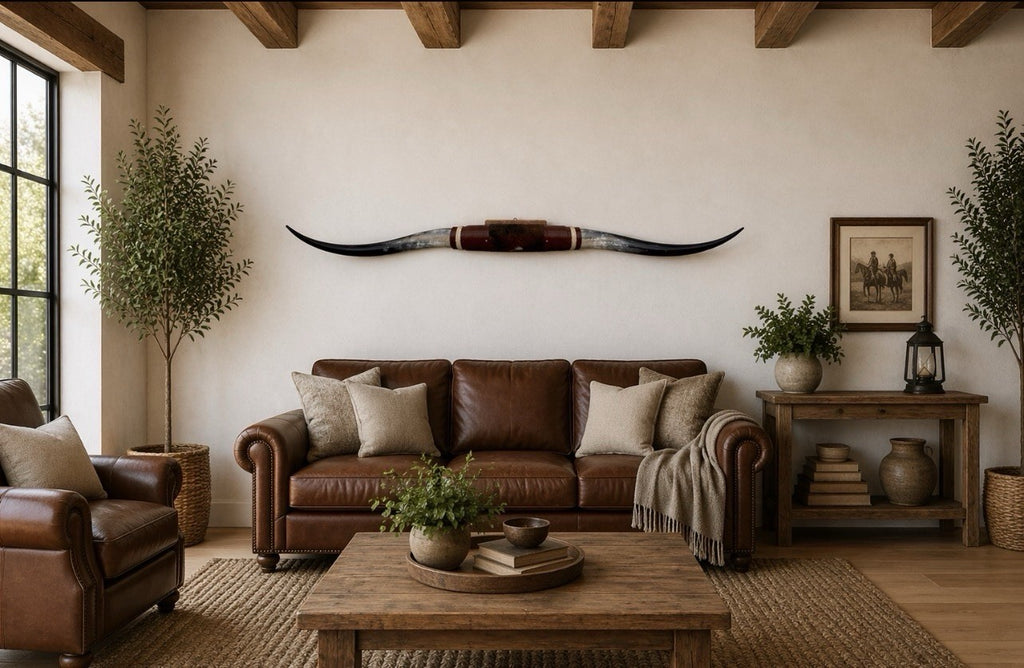 MOUNTED STEER HORNS About 6 feet wide LONGHORN POLISHED MOUNT BULL COW B122