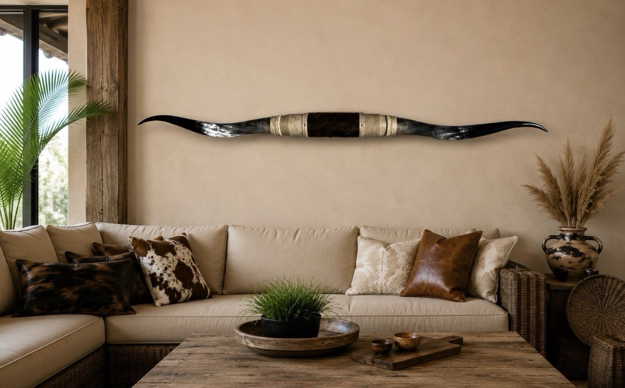 MOUNTED STEER HORNS About 6 feet wide LONGHORN POLISHED MOUNT BULL COW B126