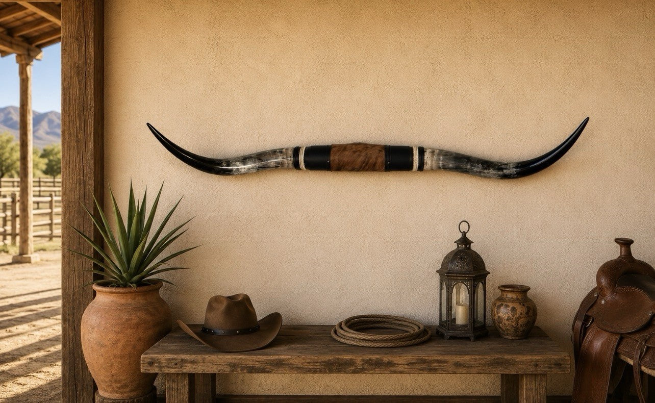 MOUNTED STEER HORNS About 6 feet wide LONGHORN POLISHED MOUNT BULL COW B144