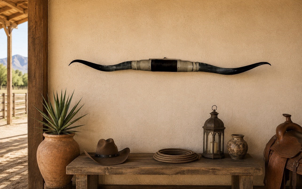 MOUNTED STEER HORNS About 6 feet wide LONGHORN POLISHED MOUNT BULL COW B145