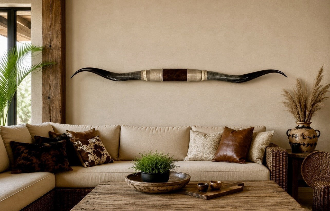 MOUNTED STEER HORNS About 6 feet wide LONGHORN POLISHED MOUNT BULL COW B135