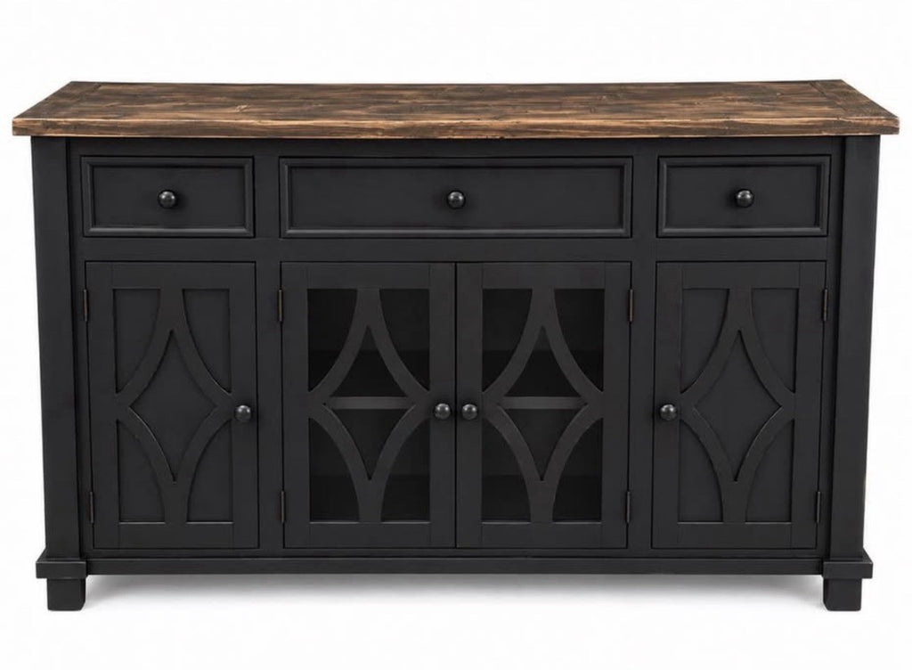 Rustic Buffet painted Black Bundle W/ Long Horn Skull +Cowhide Rug Rustic Decor