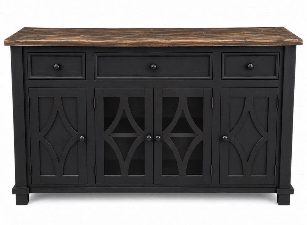 Rustic Buffet painted Black Bundle W/ Long Horn Skull +Cowhide Rug Rustic Decor