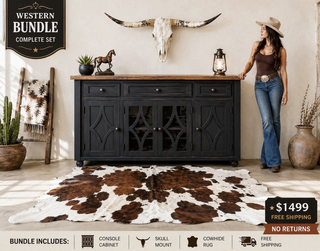 Rustic Buffet painted Black Bundle W/ Long Horn Skull +Cowhide Rug Rustic Decor