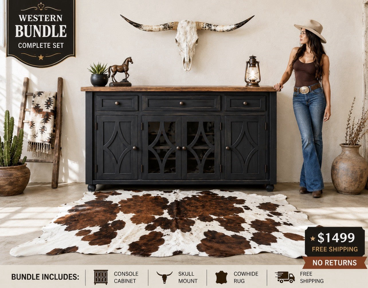 Rustic Buffet painted Black Bundle W/ Long Horn Skull +Cowhide Rug Rustic Decor