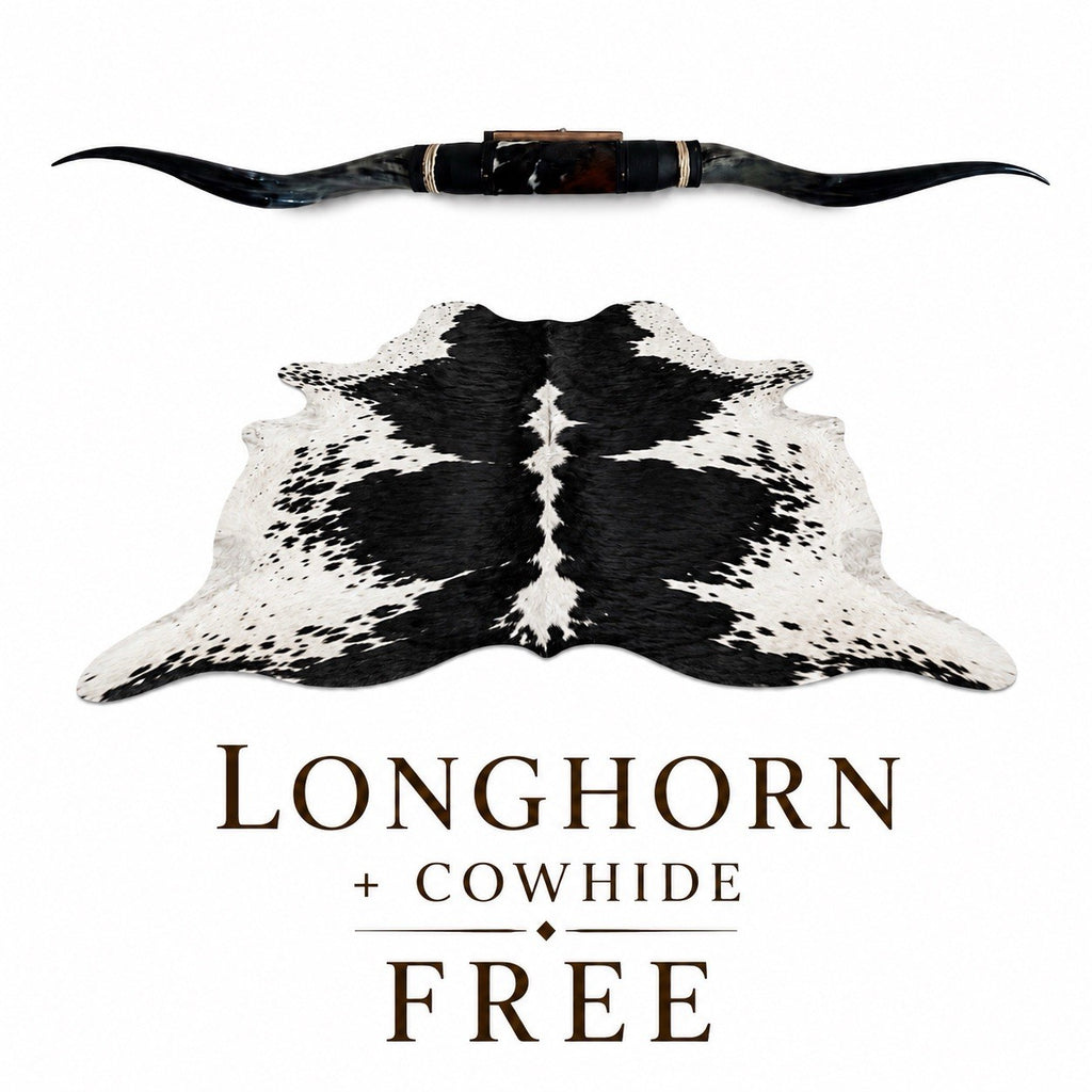Genuine LONGHORN Wall Decor + Cowhide Rug Included, Mounted Steer Horns 69”