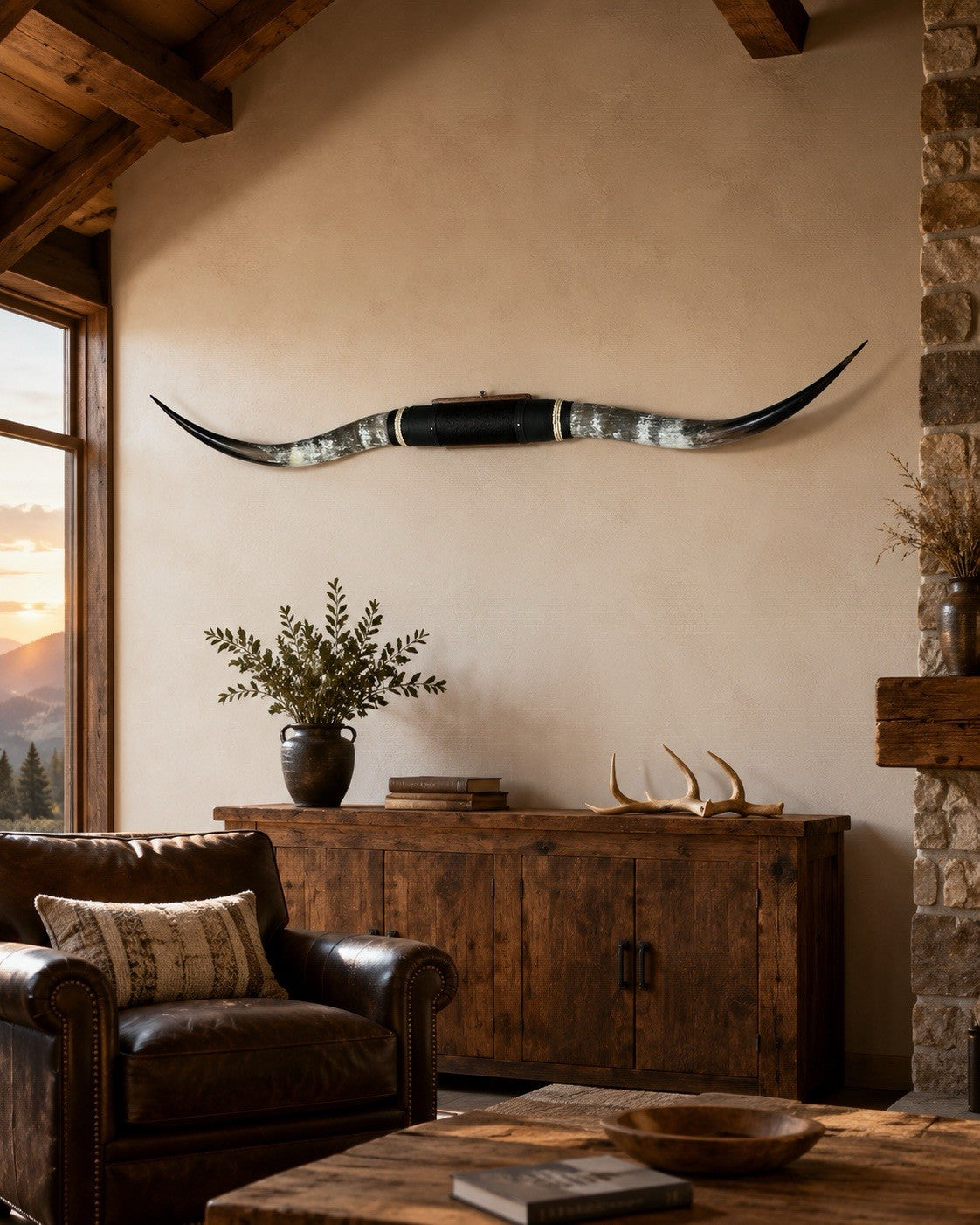 MOUNTED STEER HORNS  64 Inches wide LONGHORN POLISHED MOUNT BULL COW