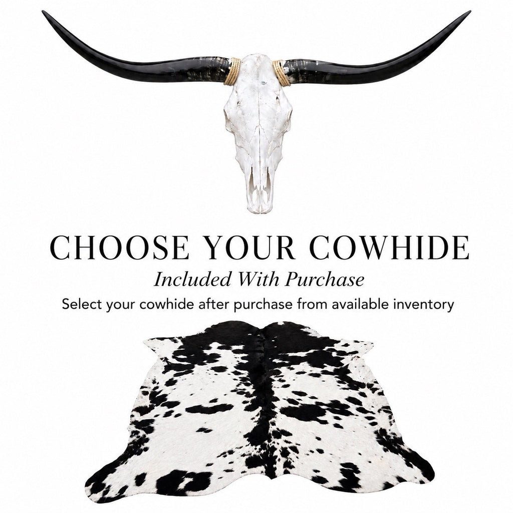 Genuine Longhorn Skull 4-4.5 ft Wide Cowhide Rug Included