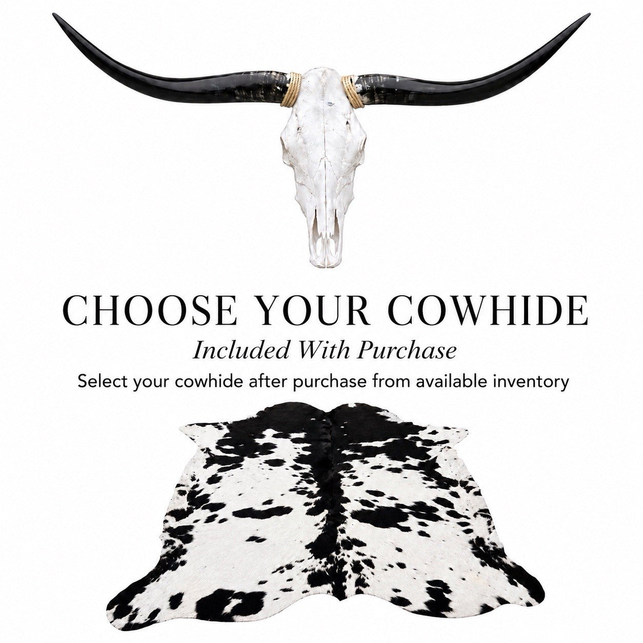 Genuine Longhorn Skull 4-4.5 ft Wide Cowhide Rug Included