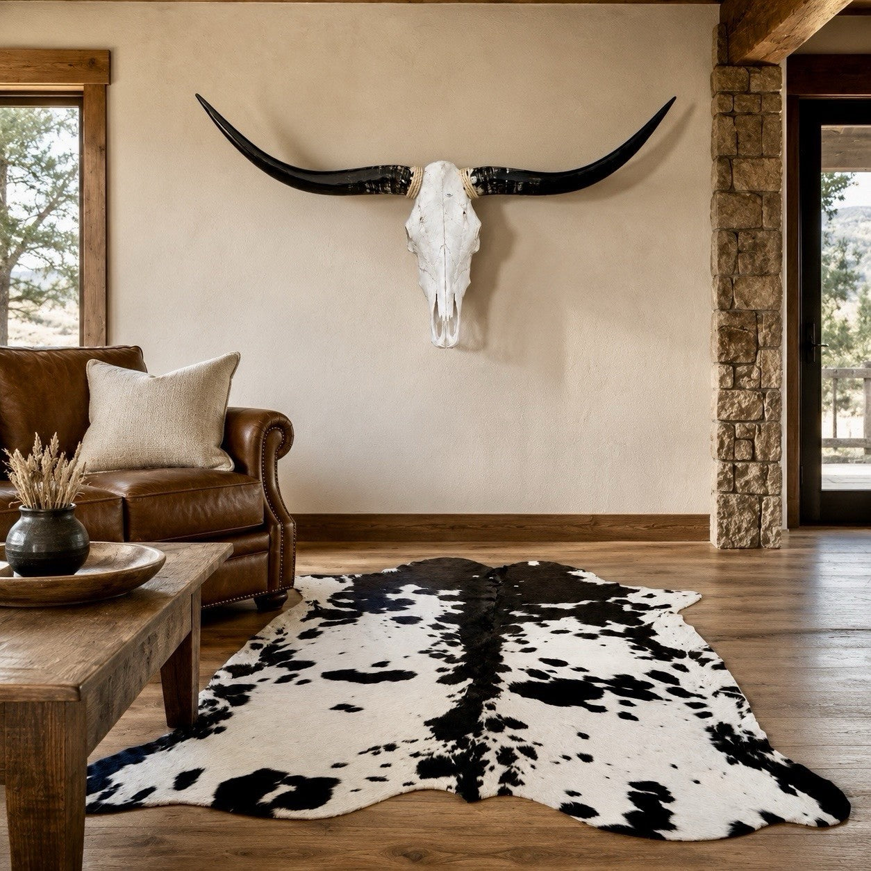 Genuine Longhorn Skull 4-4.5 ft Wide Cowhide Rug Included