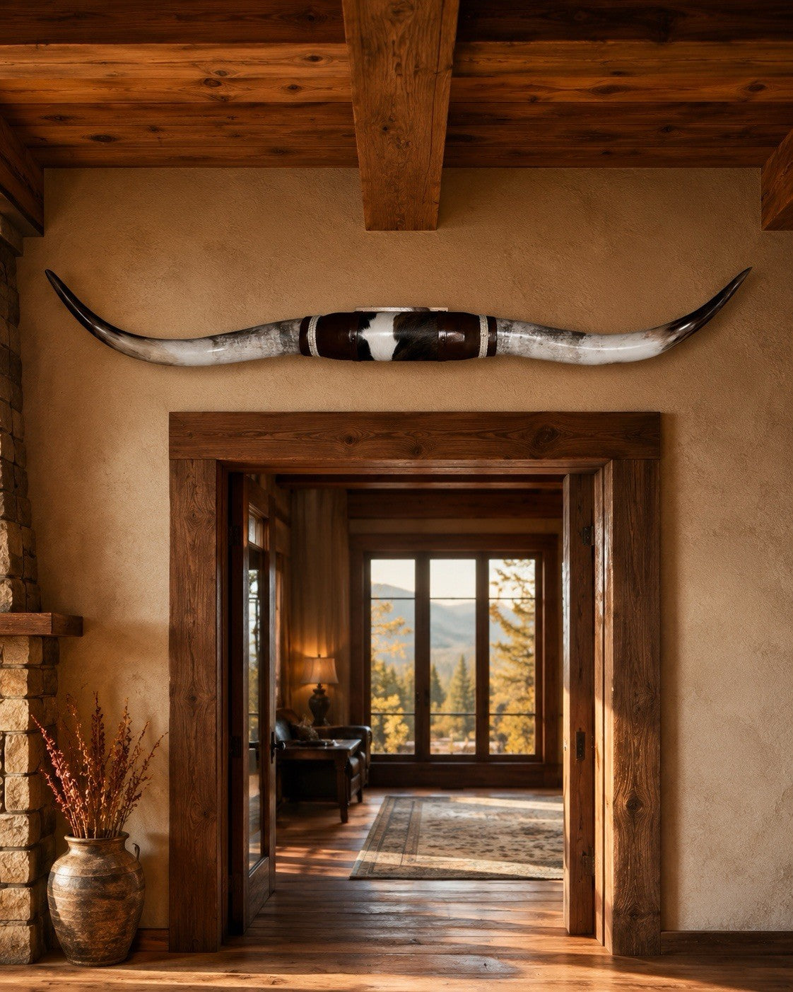 MOUNTED STEER HORNS 64 in Wide Longhorn Polished Western Decor
