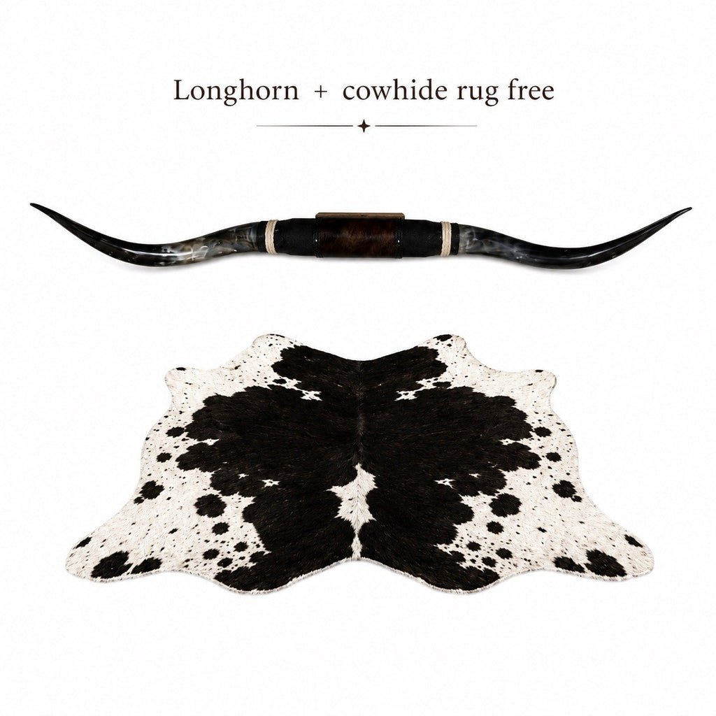 MOUNTED STEER HORNS 66” Wide LONGHORN POLISHED MOUNT + Cowhide Rug Included