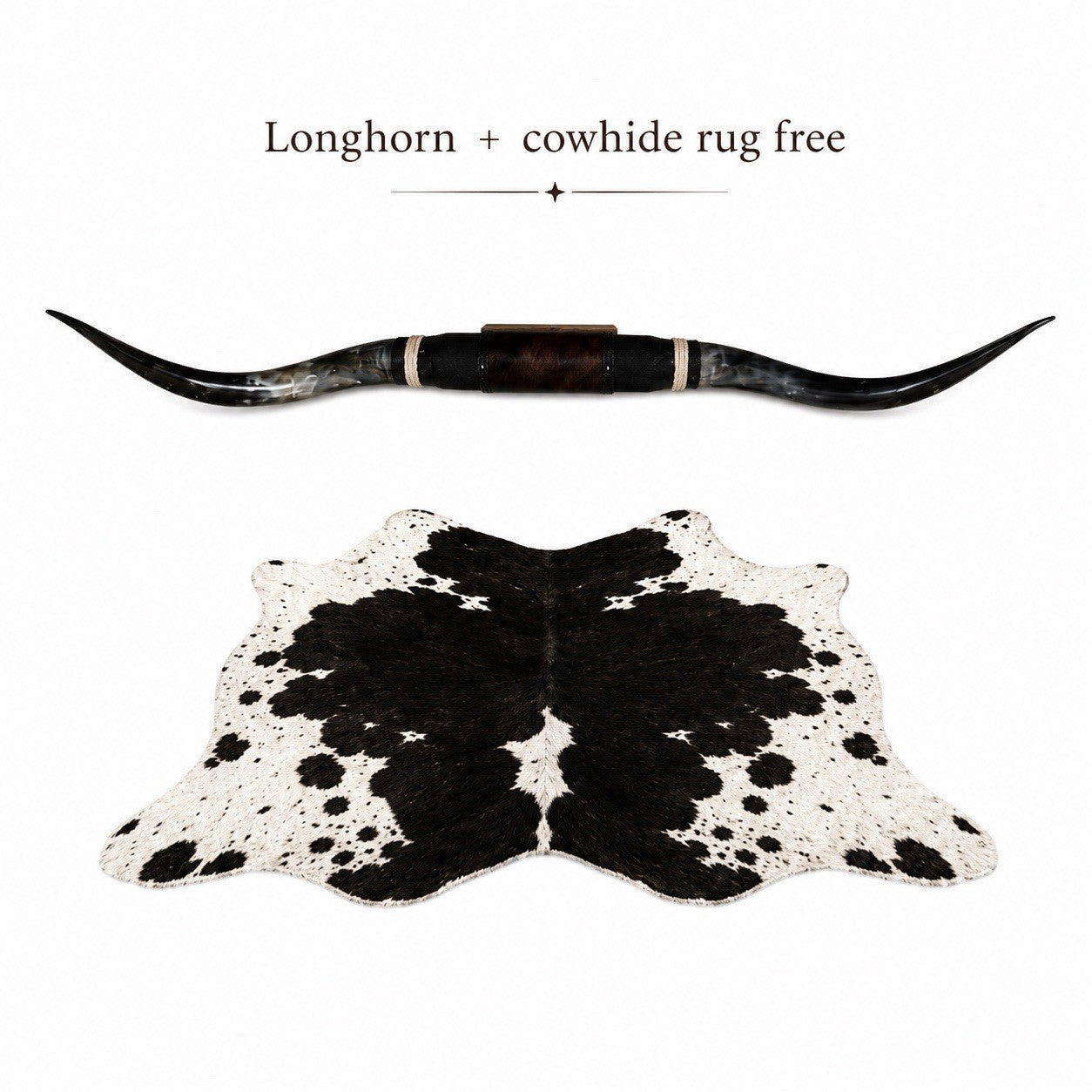 MOUNTED STEER HORNS 66” Wide LONGHORN POLISHED MOUNT + Cowhide Rug Included