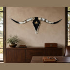 Longhorn Skull, 52” Wide – Black Cowhide & Western Star Wall Decor