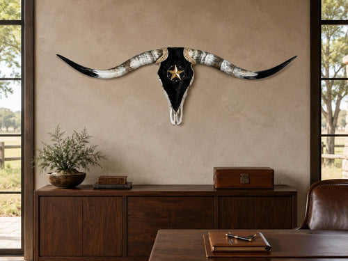 Longhorn Skull, 52” Wide – Black Cowhide & Western Star Wall Decor