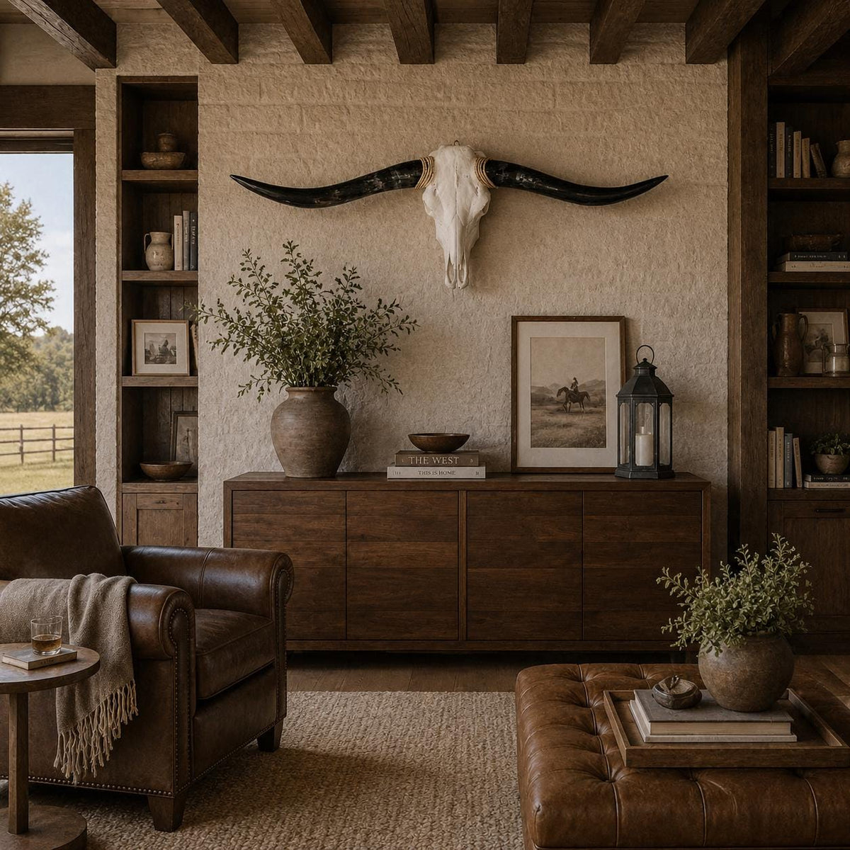 Longhorn Skull Wall Decor, 48” Wide – Dark Sweeping Horns, Western Wall Decor