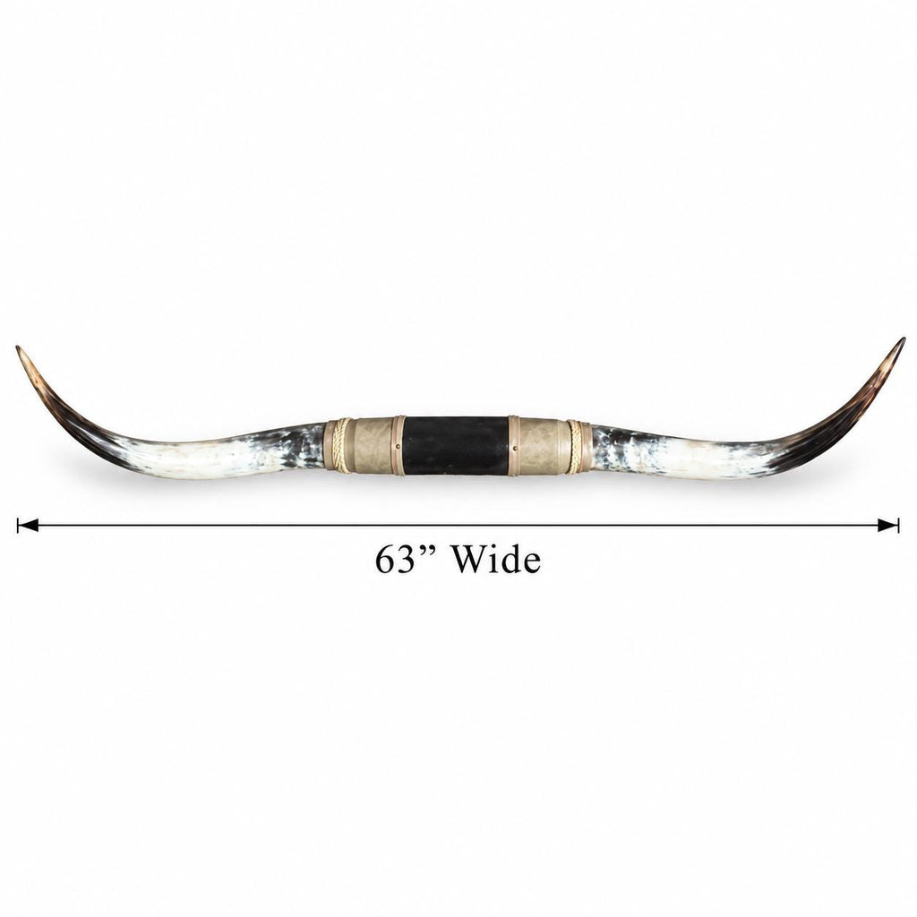 Mounted Longhorn Wall Decor, 63” Wide - Natural Horns with Cowhide-Wrapped Wood Mount