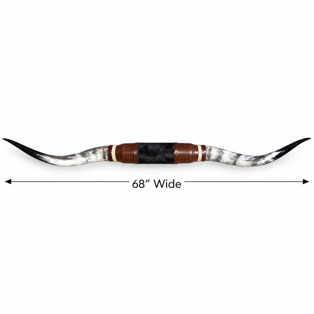 Mounted Longhorn Wall Decor, 68” Wide - Natural Horns with Cowhide-Wrapped Wood Mount