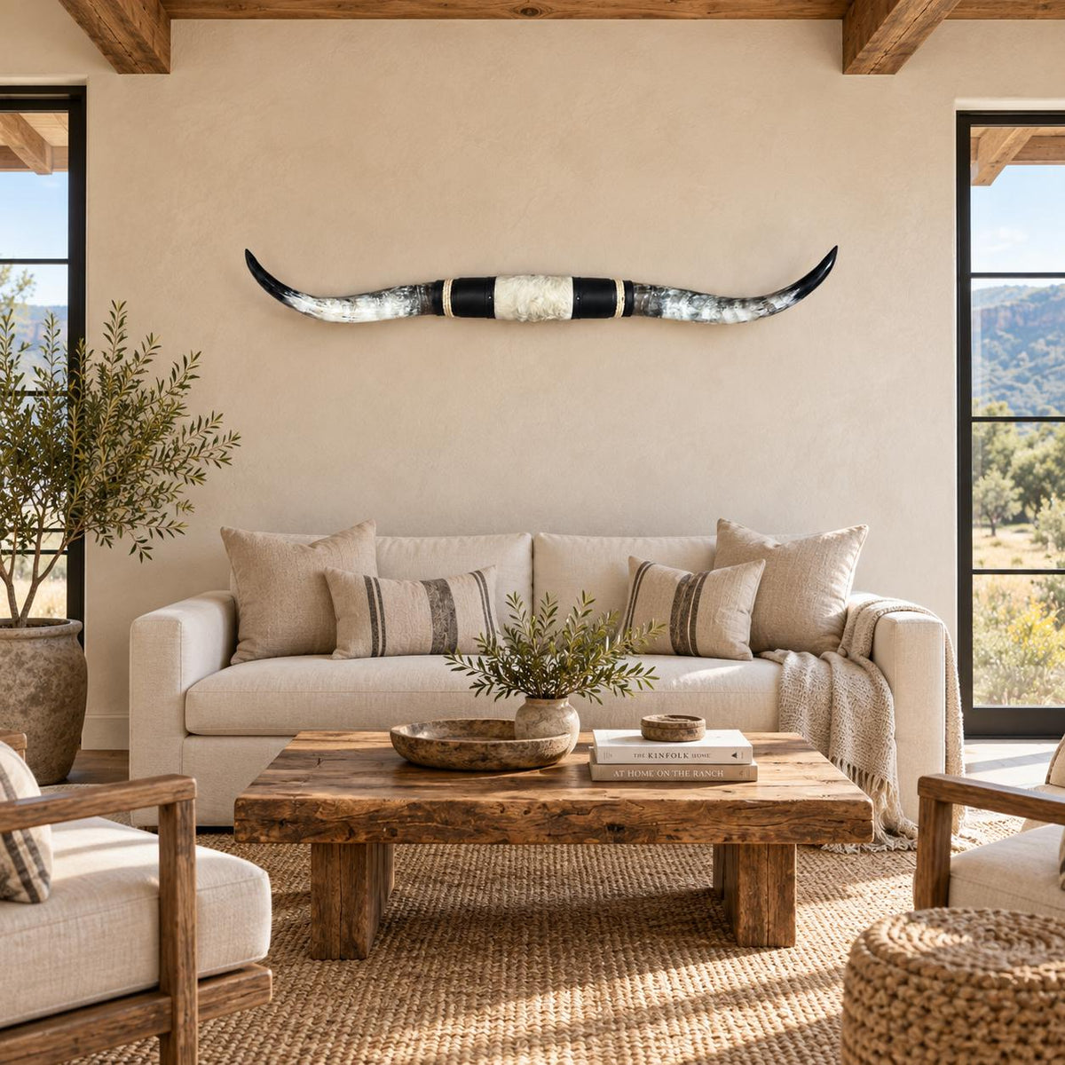 Mounted Longhorn Wall Decor, 61” Wide - Natural Horns with Cowhide-Wrapped Wood Mount