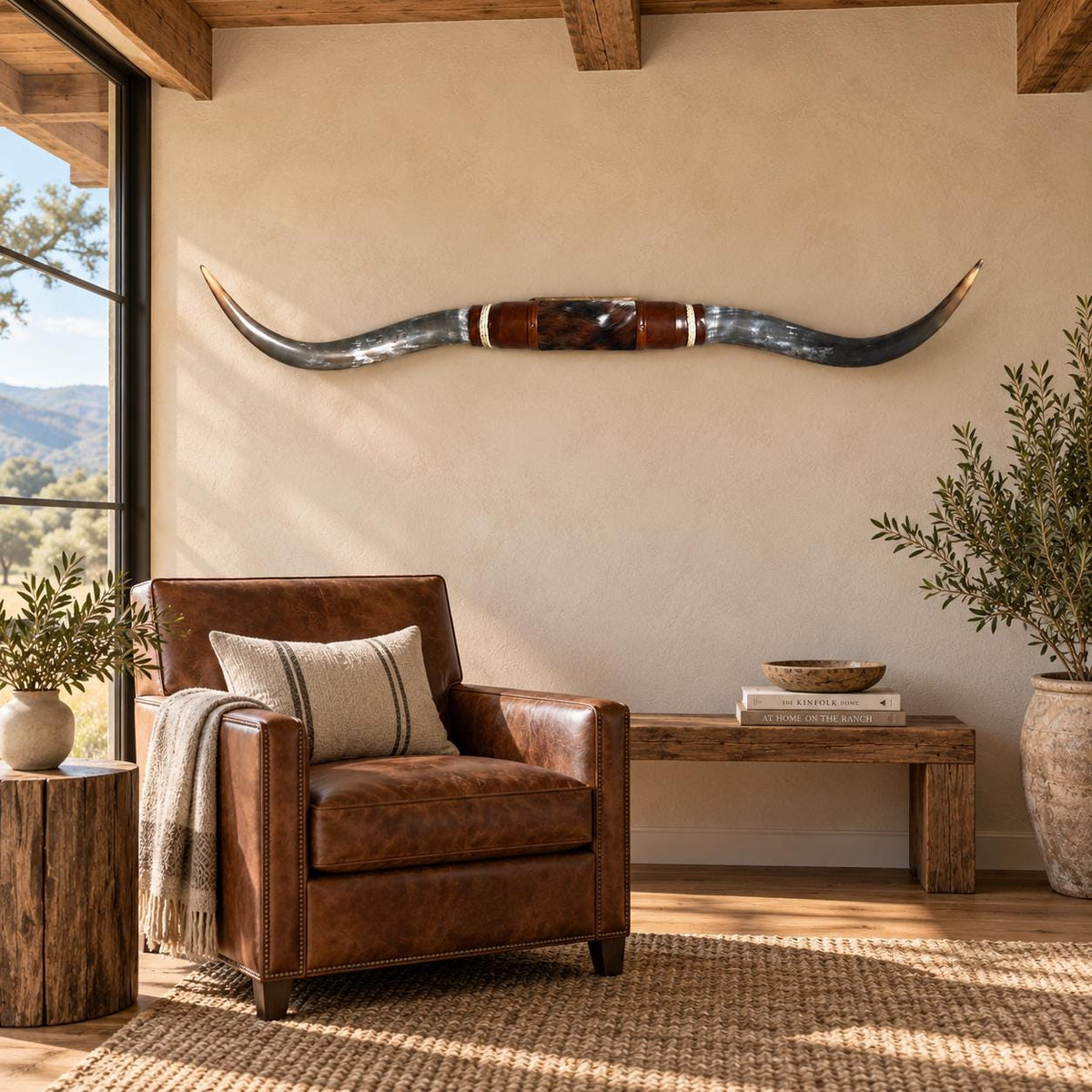 Mounted Longhorn Wall Decor, 61” Wide - Natural Horns with Cowhide-Wrapped Wood Mount