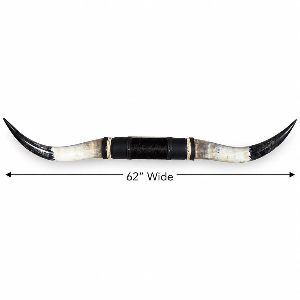 Mounted Longhorn Wall Decor, 62” Wide - Natural Horns with Cowhide-Wrapped Wood Mount