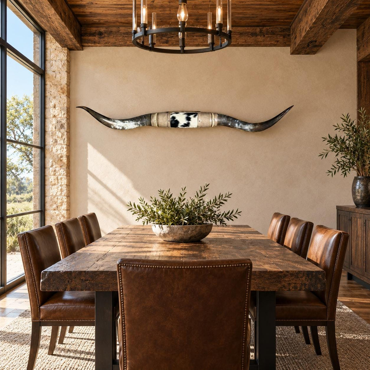 Mounted Longhorn Wall Decor, 64” Wide - Natural Horns with Cowhide-Wrapped Wood Mount