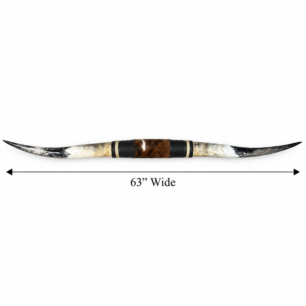 Mounted Longhorn Wall Decor, 63” Wide - Natural Horns with Cowhide-Wrapped Wood Mount
