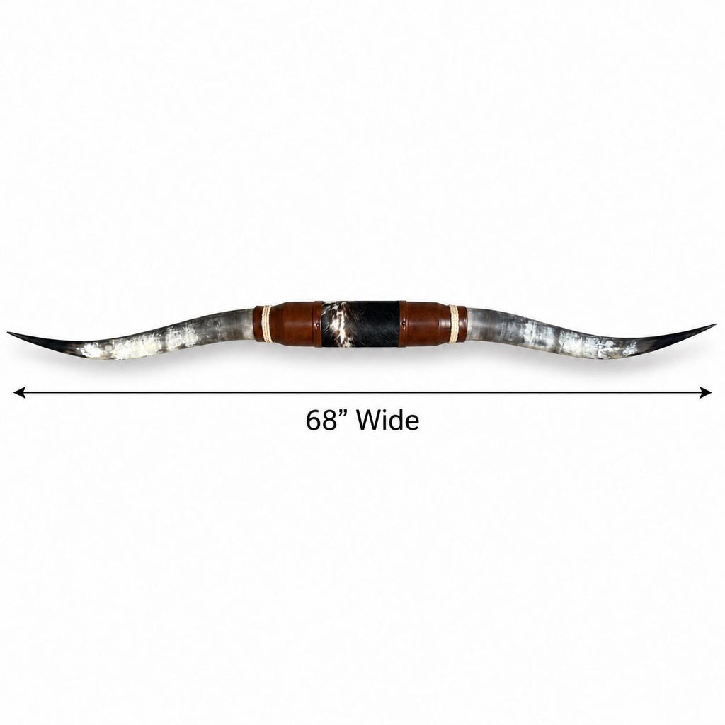 Mounted Longhorn Wall Decor, 68” Wide - Natural Horns with Cowhide-Wrapped Wood Mount