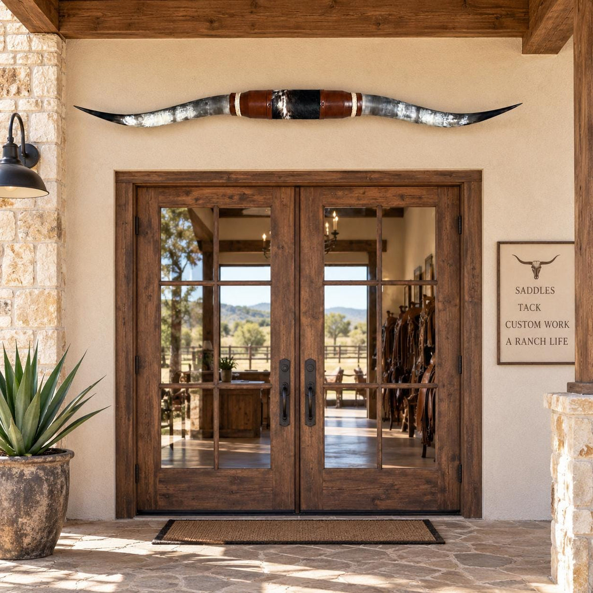 Mounted Longhorn Wall Decor, 68” Wide - Natural Horns with Cowhide-Wrapped Wood Mount