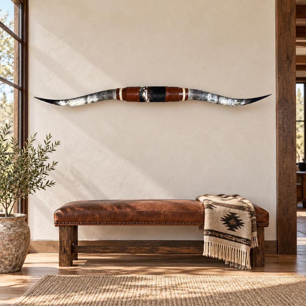 Mounted Longhorn Wall Decor, 68” Wide - Natural Horns with Cowhide-Wrapped Wood Mount