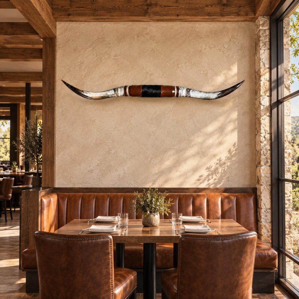 Mounted Longhorn Wall Decor, 68” Wide - Natural Horns with Cowhide-Wrapped Wood Mount