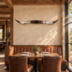 Mounted Longhorn Wall Decor, 68” Wide - Natural Horns with Cowhide-Wrapped Wood Mount