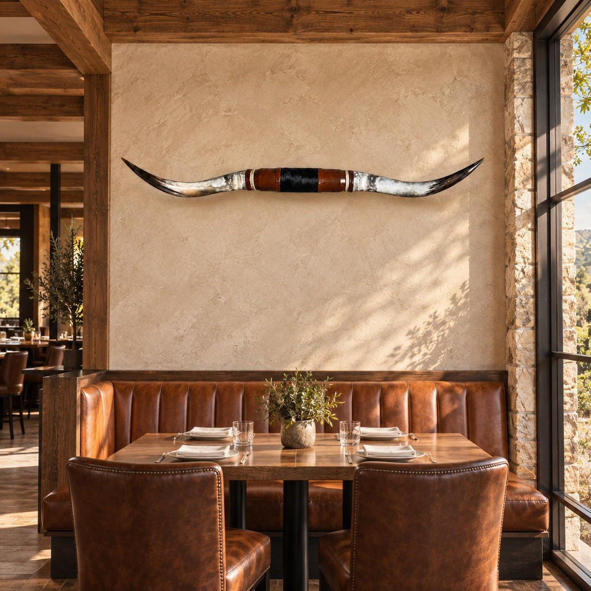 Mounted Longhorn Wall Decor, 68” Wide - Natural Horns with Cowhide-Wrapped Wood Mount