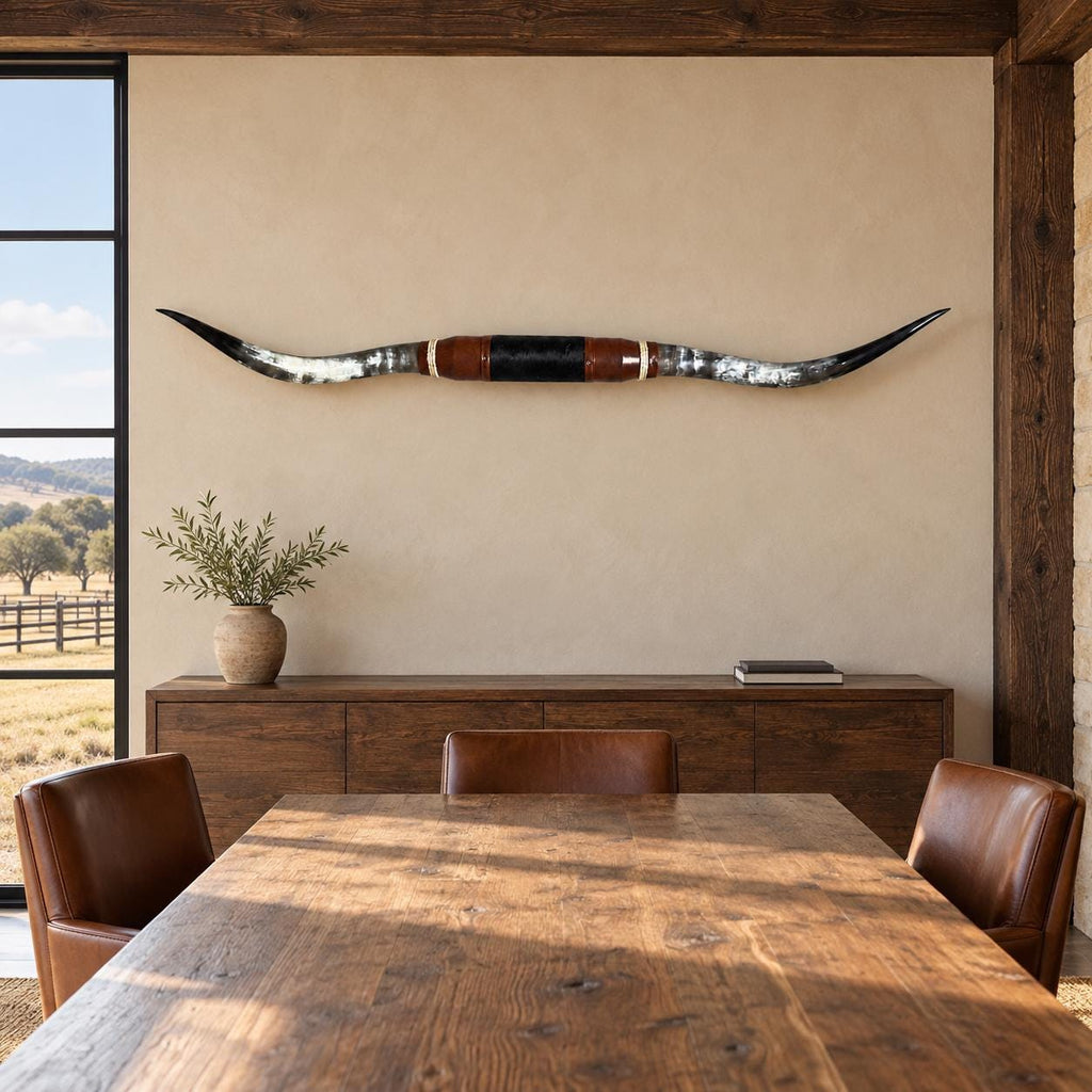 Mounted Longhorn Wall Decor, 67” Wide - Natural Horns with Cowhide-Wrapped Wood Mount