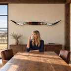 Mounted Longhorn Wall Decor, 67” Wide - Natural Horns with Cowhide-Wrapped Wood Mount