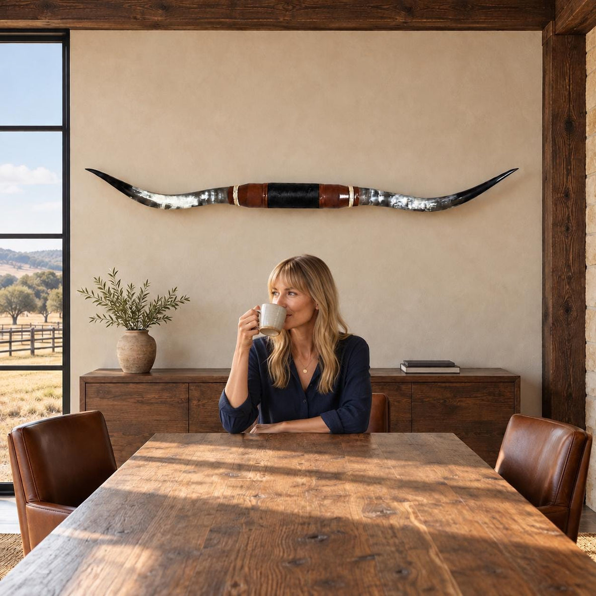 Mounted Longhorn Wall Decor, 67” Wide - Natural Horns with Cowhide-Wrapped Wood Mount