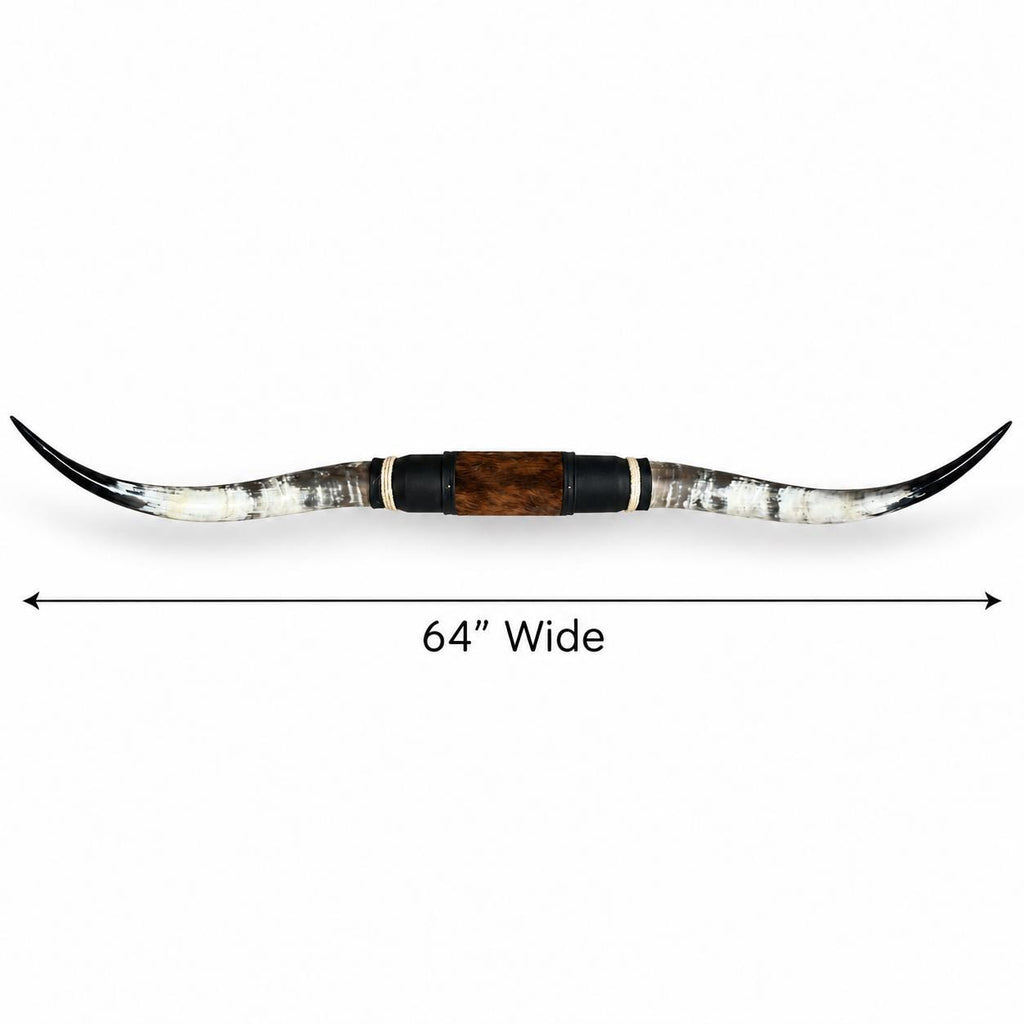 Mounted Longhorn Wall Decor, 64” Wide - Natural Horns with Cowhide-Wrapped Wood Mount