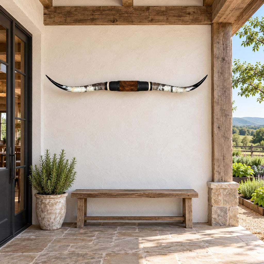 Mounted Longhorn Wall Decor, 64” Wide - Natural Horns with Cowhide-Wrapped Wood Mount