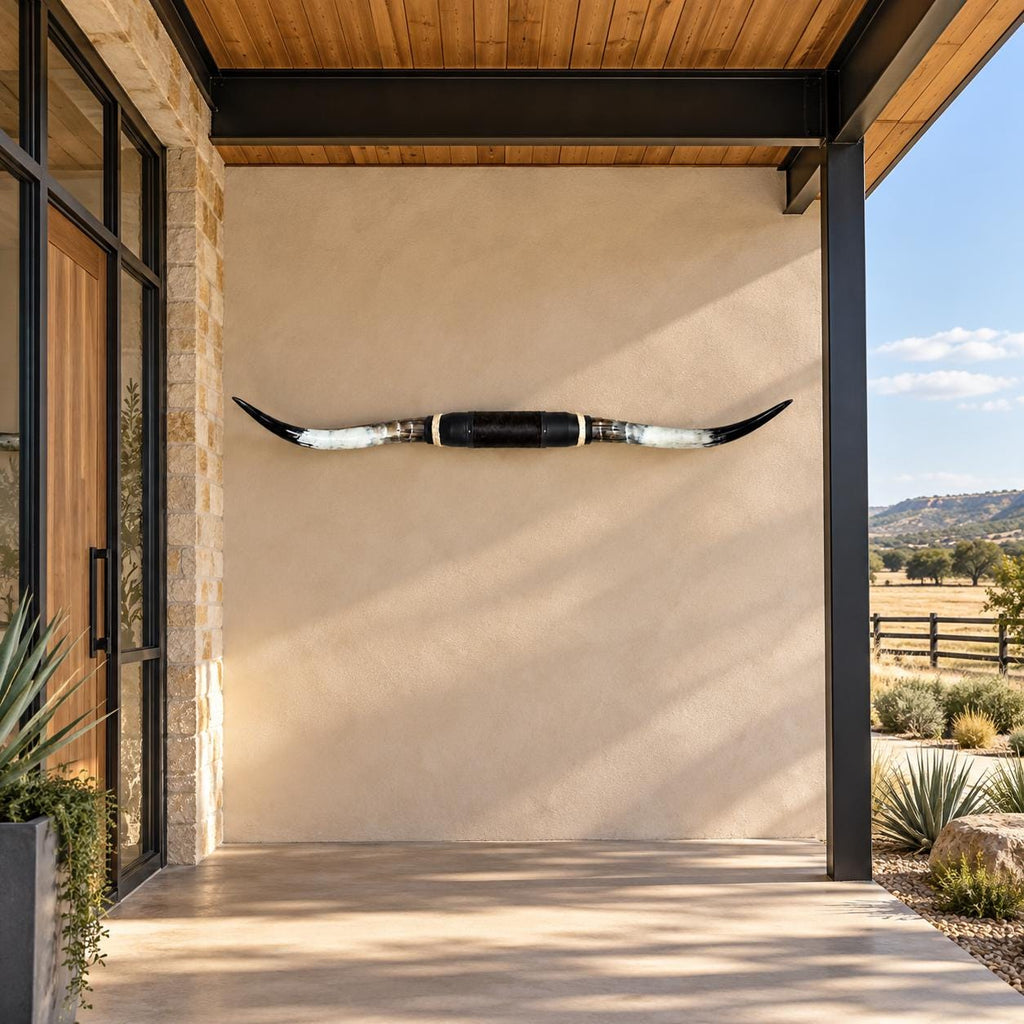 Mounted Longhorn Wall Decor, 59” Wide - Natural Horns with Cowhide-Wrapped Wood Mount