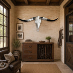 Longhorn Skull Wall Decor, 47” Wide – Black & White Horns, Western Wall Decor