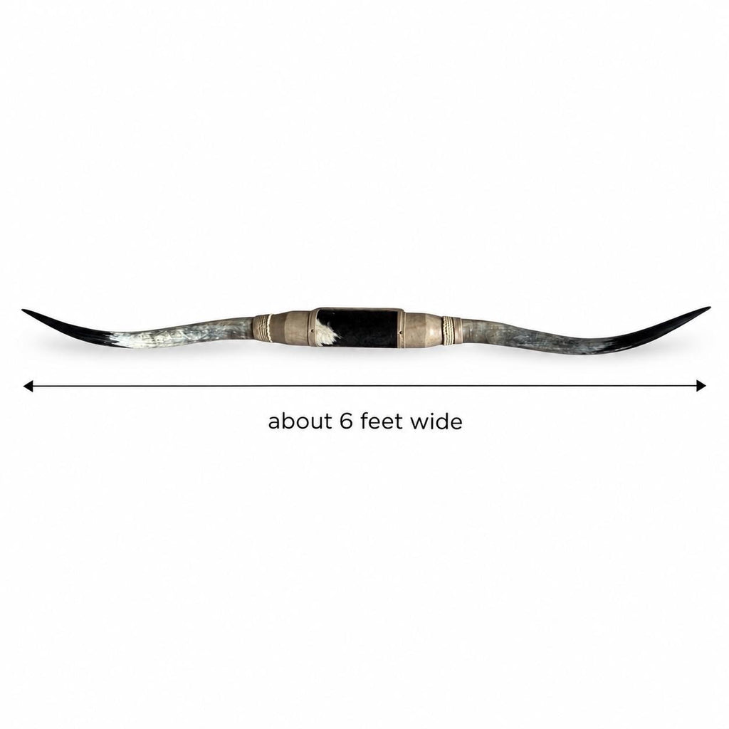 Mounted Longhorn Wall Decor, Approx. 6 Ft Wide - Slender Natural Horns with Cowhide-Wrapped Wood Mount