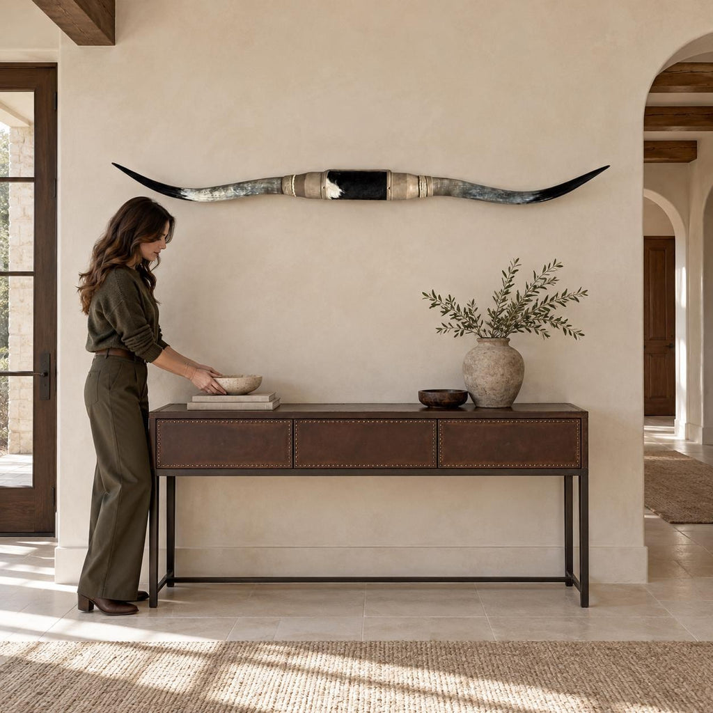 Mounted Longhorn Wall Decor, Approx. 6 Ft Wide - Slender Natural Horns with Cowhide-Wrapped Wood Mount
