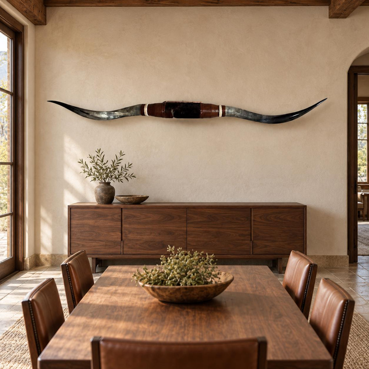 Mounted Longhorn Wall Decor, Approx. 6 Ft Wide - Natural Horns with Raised Tips and Cowhide-Wrapped Wood Mount