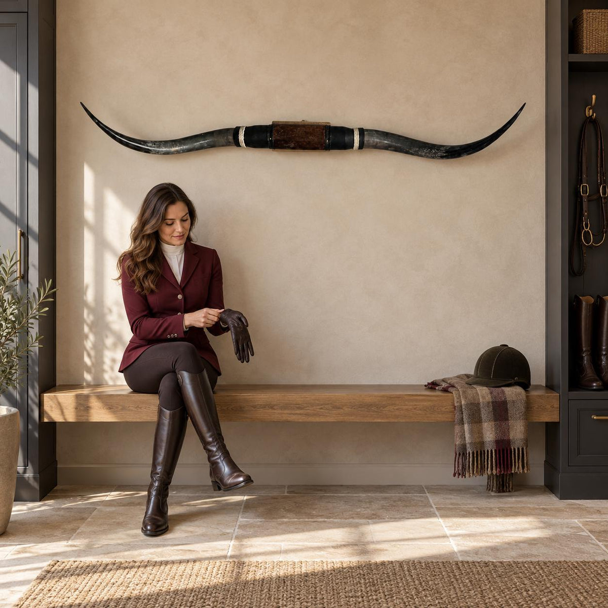 Mounted Longhorn Wall Decor, Approx. 6 Ft Wide - Dark Gray Sweeping Horns with Cowhide-Wrapped Wood Mount