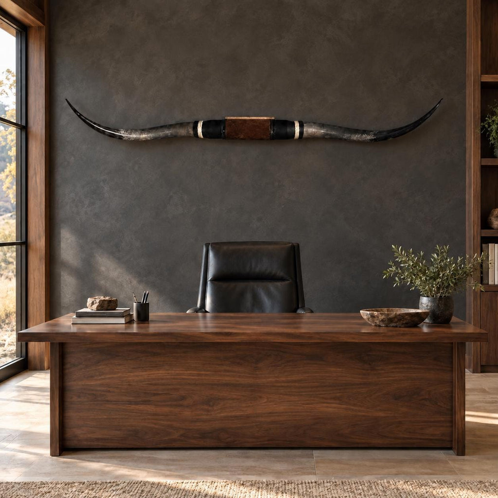 Mounted Longhorn Wall Decor, Approx. 6 Ft Wide - Dark Gray Sweeping Horns with Cowhide-Wrapped Wood Mount