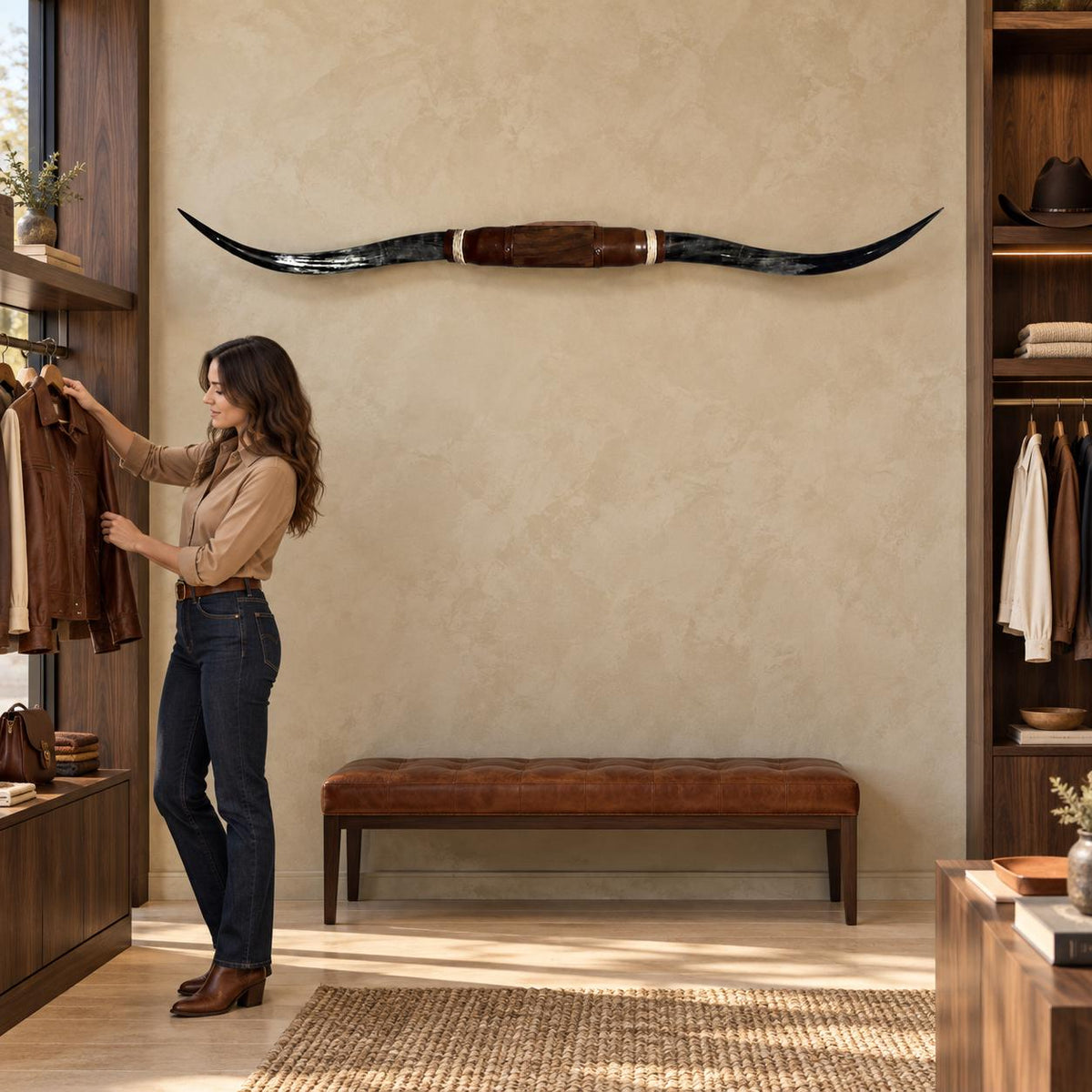 Mounted Longhorn Wall Decor, Approx. 6 Ft Wide - Two-Tone Natural Horns with Cowhide-Wrapped Wood Mount