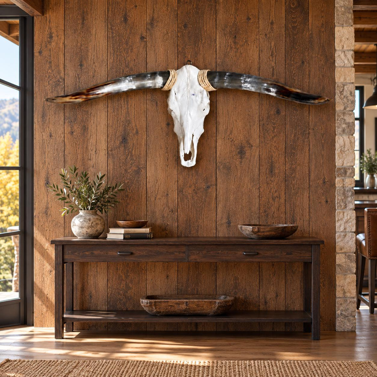 Longhorn Skull Wall Decor, 41” Wide – Natural Dark Horns, Rustic Ranch Decor