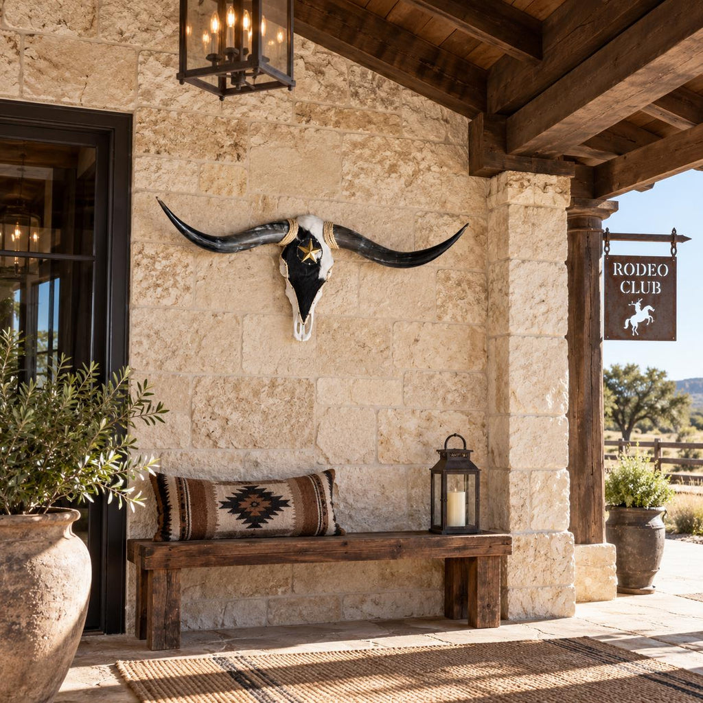 Longhorn Skull, 43” Wide – Black & White Cowhide with Western Star